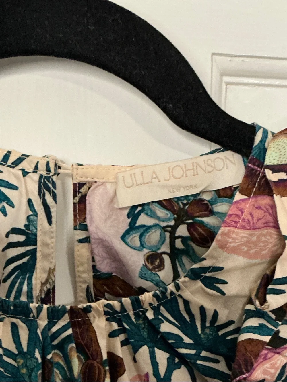 Ulla Johnson Cream Tropical Print Puff Sleeve Blouse with Green & Pink Accents